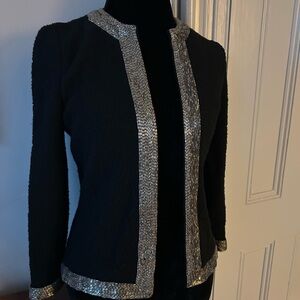 VINTAGE Glam Adolfo Black Blazer with BEADED Silver Trim